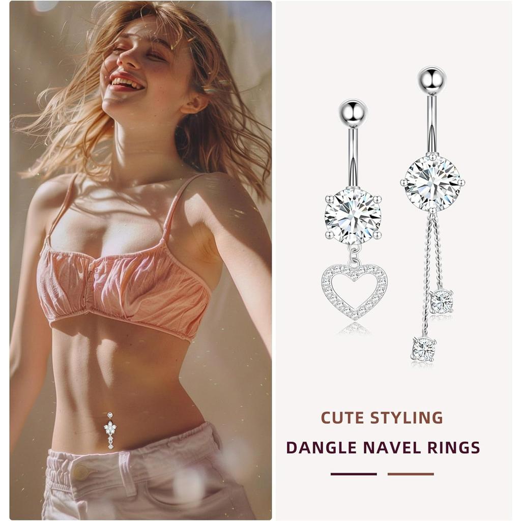 Surgical Stainless Steel Dangle Belly Button Rings for Women Belly Ring Dangling Piercing Jewelry with Heart Flower Butterfly Silver Gold Tone