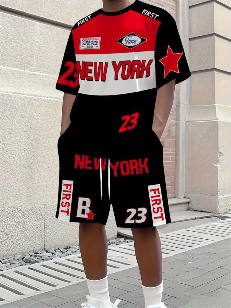 Outdoor Street Fashion American Trendy Men s 2pcs Set, Spring New Trendy Letter 3D Printed Men s Casual Top And Shorts S