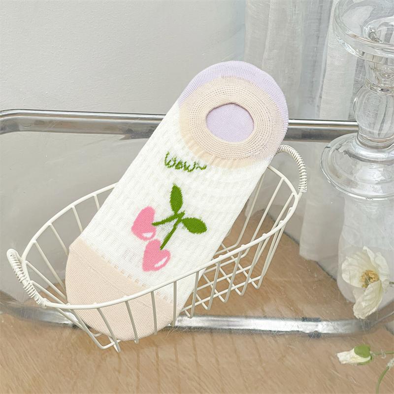 

Женские летние тонкие милые мультяшные сетчатые дышащие нескользящие не спадающие носки-лодочки с мелким вырезом 1 pair вишня