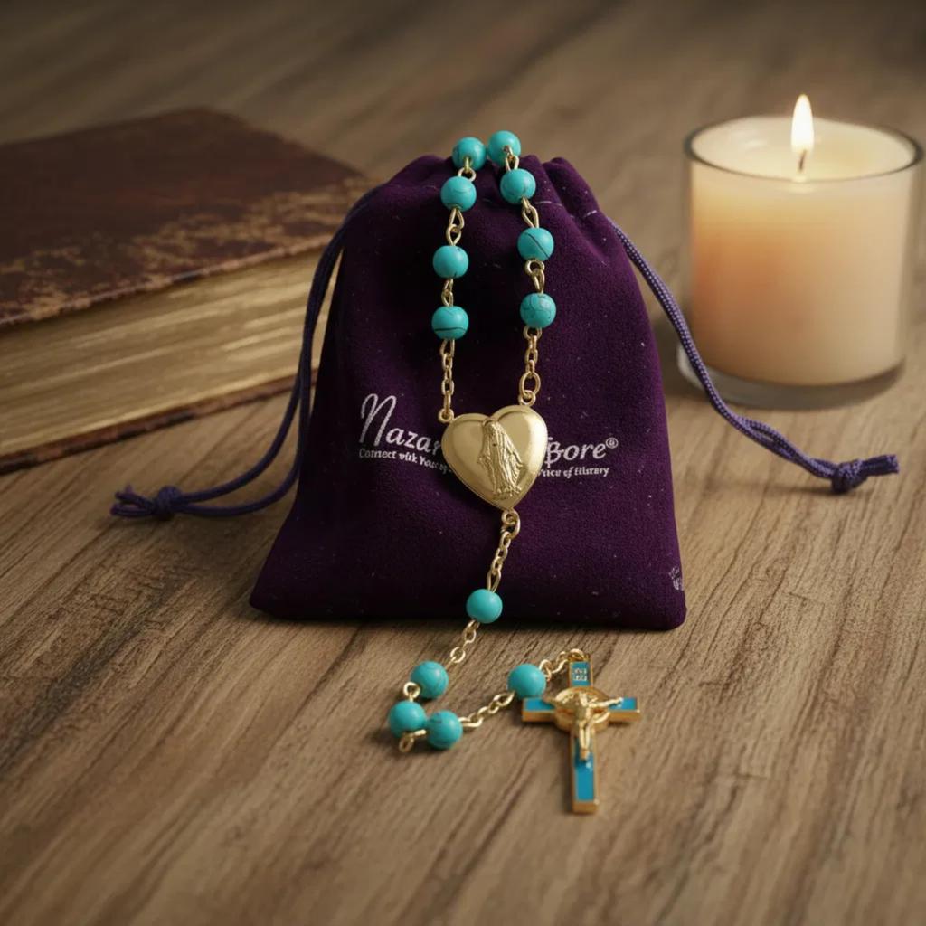 Saint Benedict Rosary Turquoise Glass Beads St. San Benito Cross Nr Medal Catholic Necklace