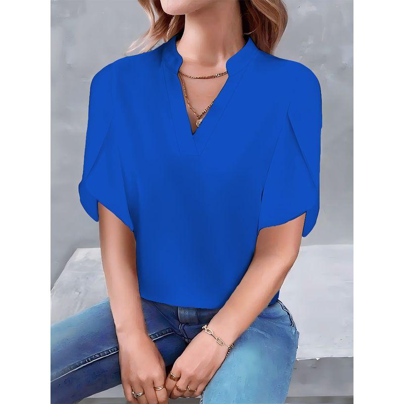 

2025 Summer Fashion Simple V-neck Petal Sleeve Solid Women s Shirt Shirts Women Blue XL