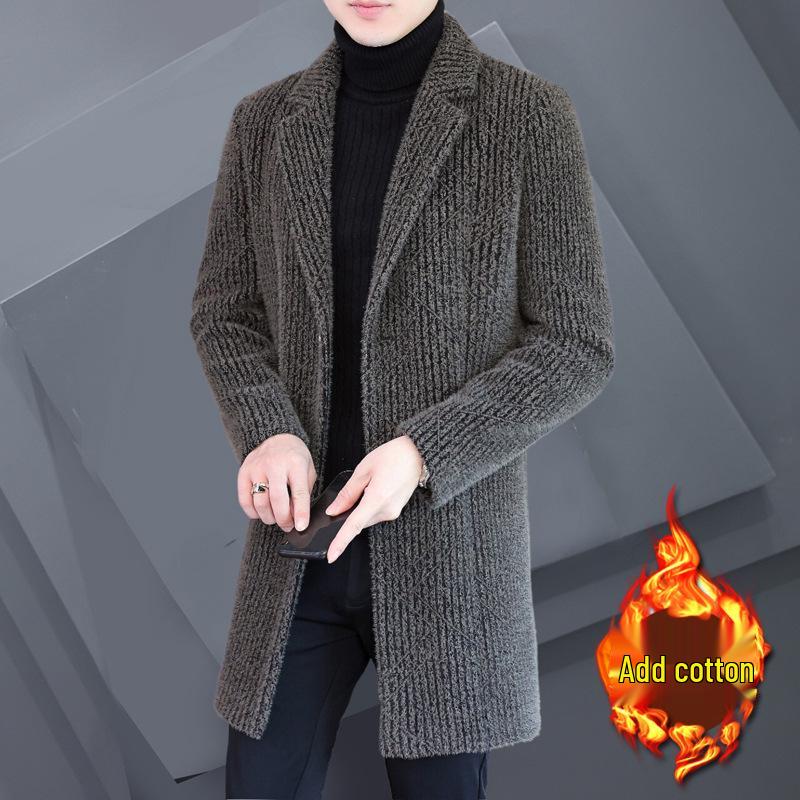 Men's Striped Mid-Length Overcoat Suit Collar Trench Coat, 2023 Autumn/Winter, Youth Plus Cotton, Thickened.