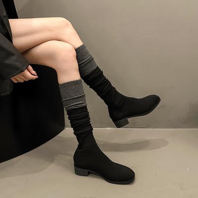 Autumn Fashion Thin Elastic Thin Boots Women's Knitted Color Matching Knee Piling Boots New Two-wear Socks Boots