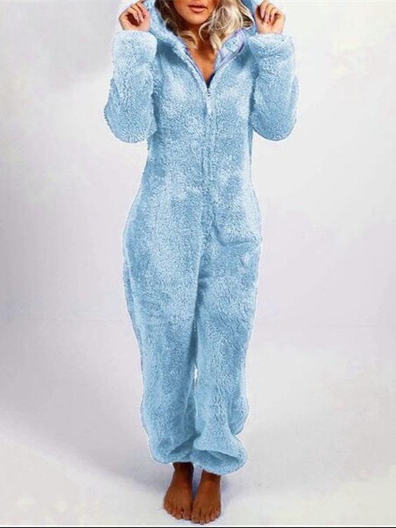 2025 European & American Autumn/Winter Women's Fleece-Lined Fur Jumpsuit Pajamas, Hooded, Available in 17 Colors
