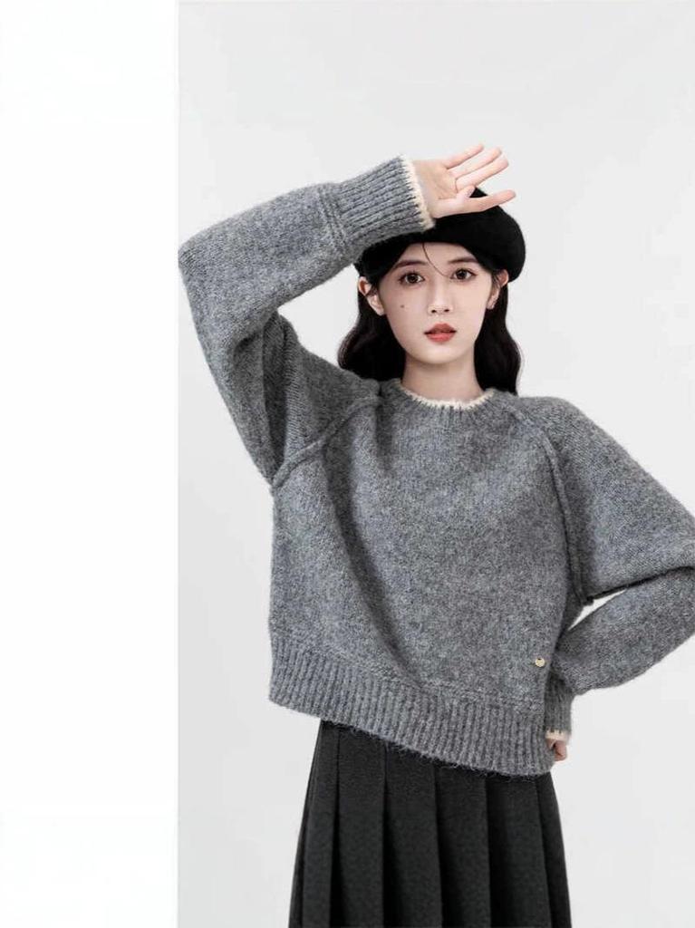 Women's Petite Thick Gray Sweater - Autumn/Winter 2026 Round Neck Knit Top