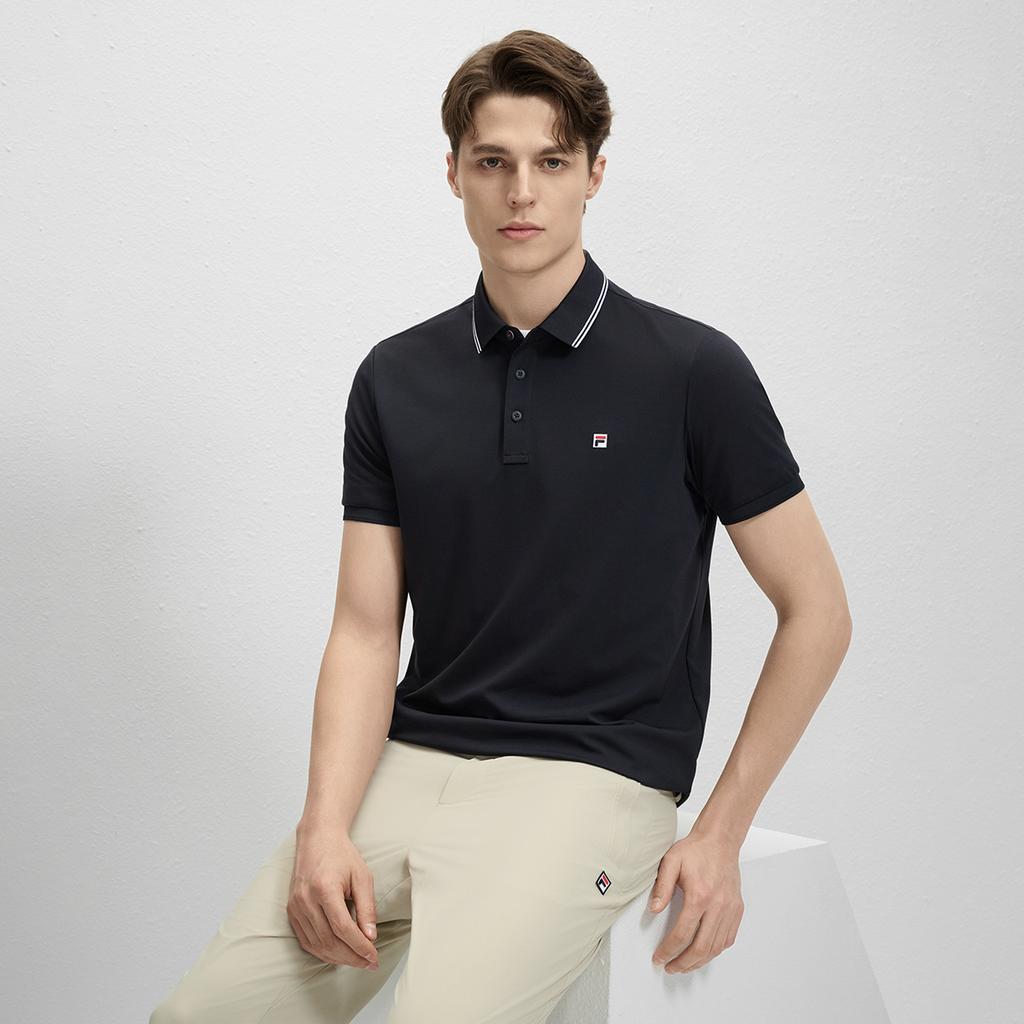 Fila Letnia koszulka polo z blokami kolorów i paskami, oddychająca, wszechstronna, gładka, biznesowa, z krótkim rękawem, męska, koszulki polo, Legendarny-Niebieski F11M431105FNV