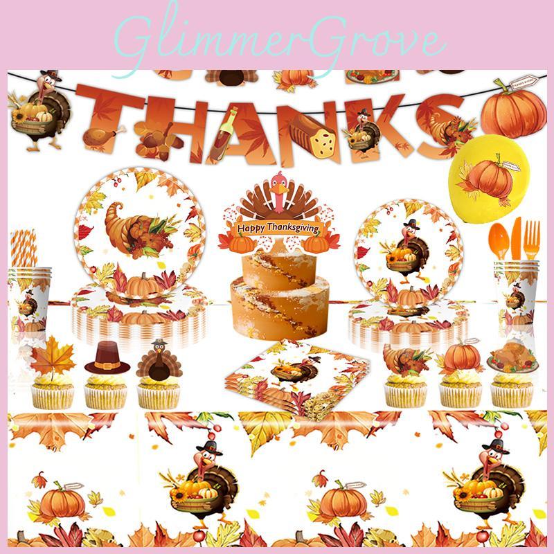 Thanksgiving Party Supplies Set With Pumpkin Cake Toppers And Balloons