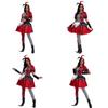 Halloween Female Clown Cosplay Outfit With Red Dress And Headpiece For Themed Parties