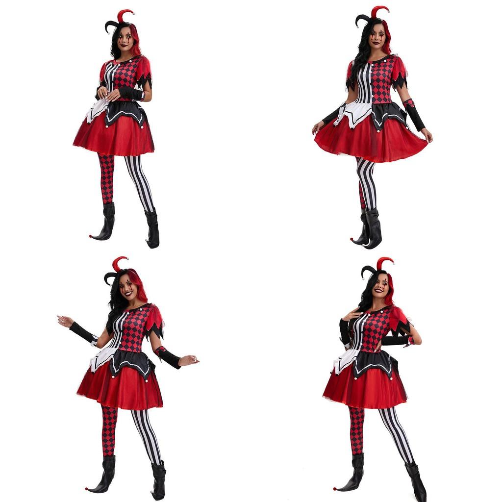 Halloween Female Clown Cosplay Outfit With Red Dress And Headpiece For Themed Parties