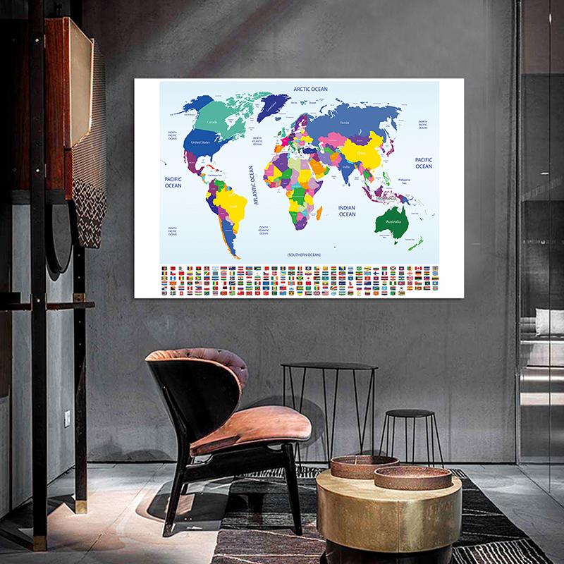 English Map Series Background Cloth World Map Political Distribution Map With Flag Photo Cloth