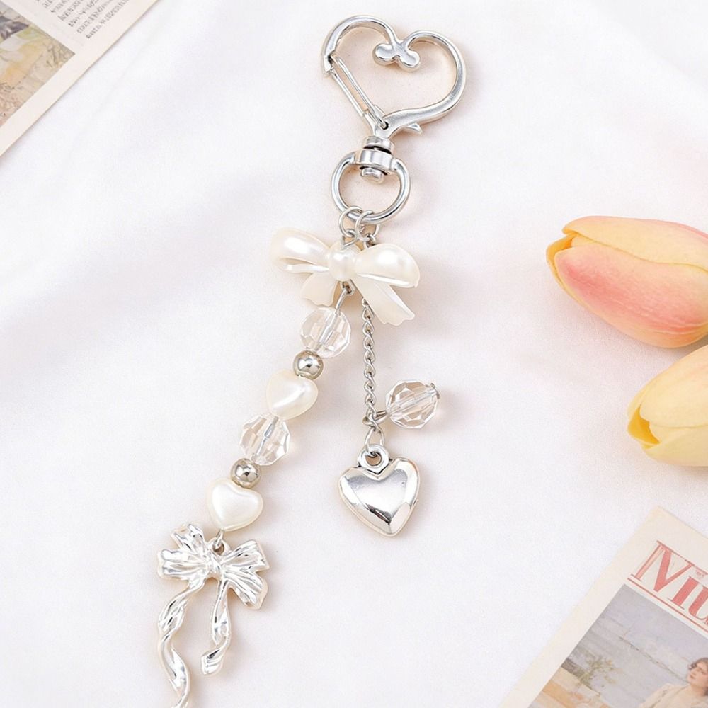 DIY Rhinestone Pendant Zinc Zinc Alloy Bag Charm Cute Pearl Bow Keychain  Car Keyring