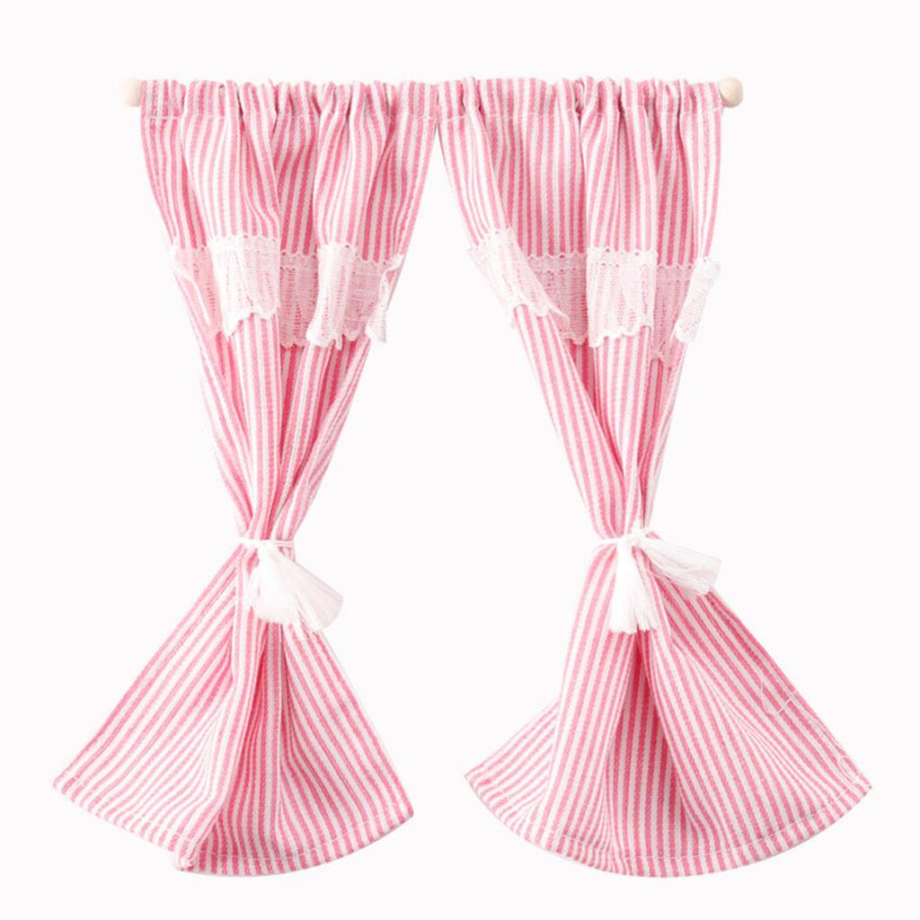 Fabric Miniature Dollhouse Window Curtain with Stripe Pattern Design For 1/12 Model Dollhouse Scene Decoration Accessory