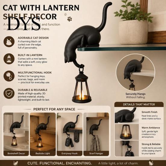 Figurina Animale Stile Vintage Gatto Appeso Stampato 3D con Lanterna Decorazione Scaffale, Carino Gatto Che Sbircia Tavolo Affascinanti Ornamenti Interni Statua Angolare, Gancio