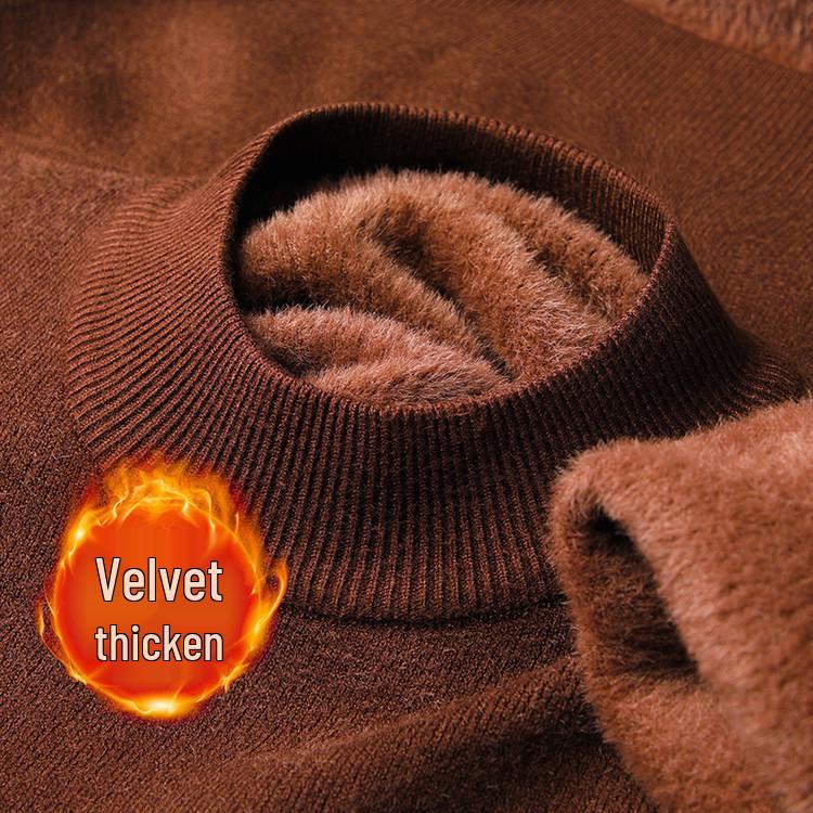 Men's Thick, Warm Knitted Sweater - Fleece-Lined, Half-High Collar, Long Sleeve, Solid Color Winter Base Layer.