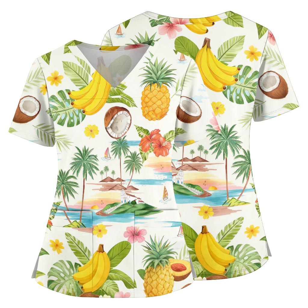 Women V Neck Medical Scrub Top Hawaiian Print Short Sleeve Side Slit Nursing Uniform Shirt with Front Pocket Comfortable Fit