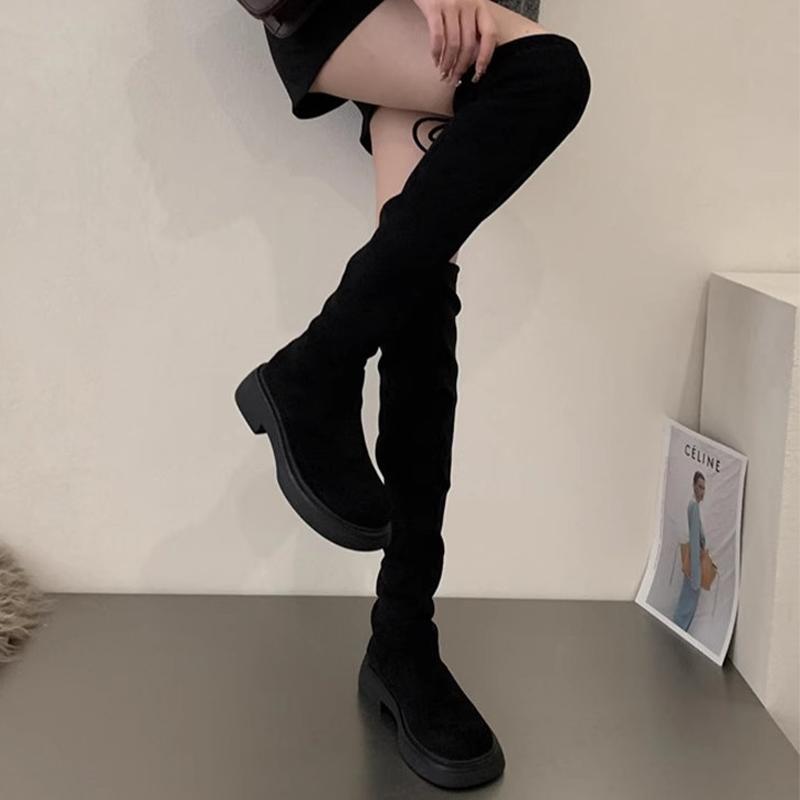 

New Flats Platform Women High Boots Suede Fashion Dress Shoes Casual Over The Knee Winter Boots Cozy Walking New Botas De Mujer 35 чёрный
