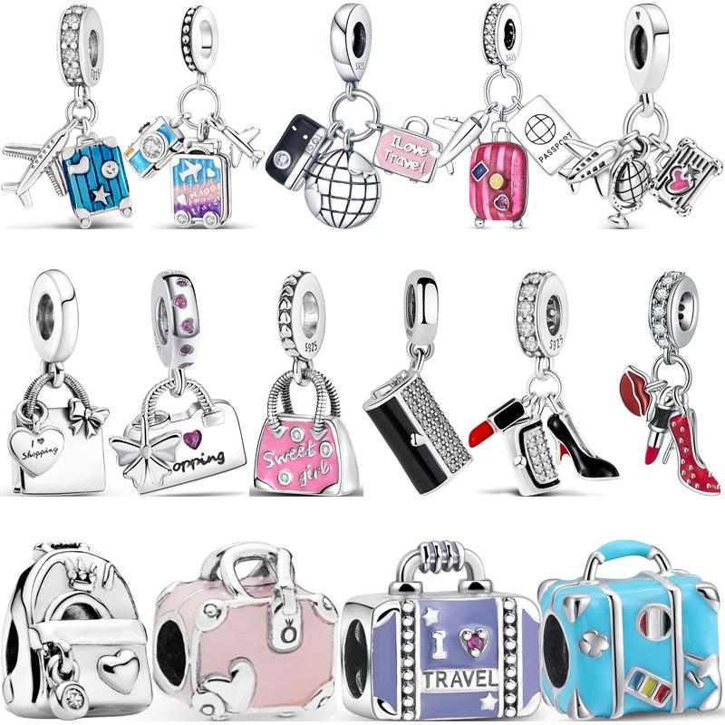 925 Copper Shopping Bag Suitcase Passport Handbag Camera Love Travel Life DIY Beads Fit Original Pantaro Charms Bracelet Zircon