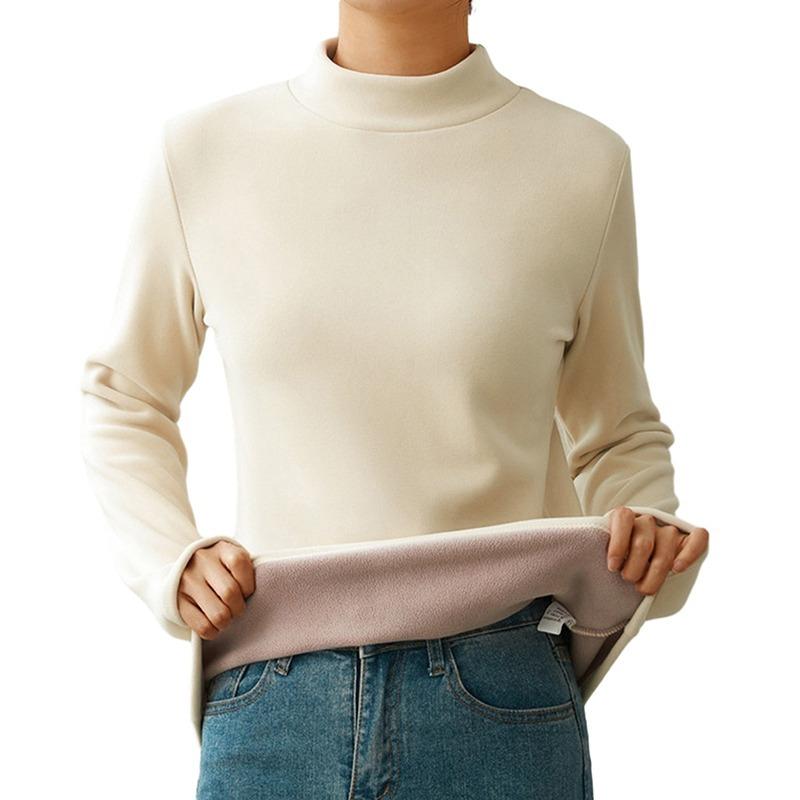 Thicken Thermal Underwear Women Autumn Winter Half High Collar Warm Tops Solid Color Long Sleeve Bottoming Shirt Fleece Pullover
