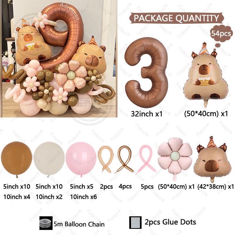 54pcs Retro Caramel Color Balloons Set Capybara Aluminum Foil Balloon Digital 1-9 Aluminum Film Ballons Birthday Party Supply