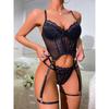 Set di lingerie con giarrettiera in pizzo floreale con girocollo, intimo da donna 2024, reggiseno con ferretto e perizoma, set di biancheria intima da donna