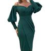Women's Off Shoulder Midi Dress V Neck Wrap Front Puff Long Sleeve Ruched Waist Bodycon Elegant Party Dress