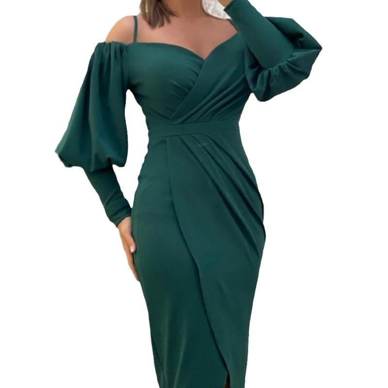 Women's Off Shoulder Midi Dress V Neck Wrap Front Puff Long Sleeve Ruched Waist Bodycon Elegant Party Dress