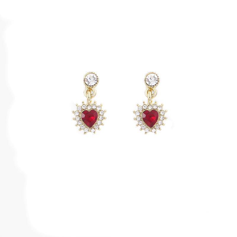Burgundy Heart Rhinestone Earrings, s925 Sterling Silver, Gold-Plated Studs – Fashionable Luxury Women's Jewelry