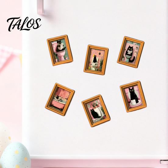Small Picture Frames for Fridge Funny Wooden Magnets Frame, Retro Cute Cat Pattern Magnetic Refrigerator Style Interior Decoration Locker Magnet Photo