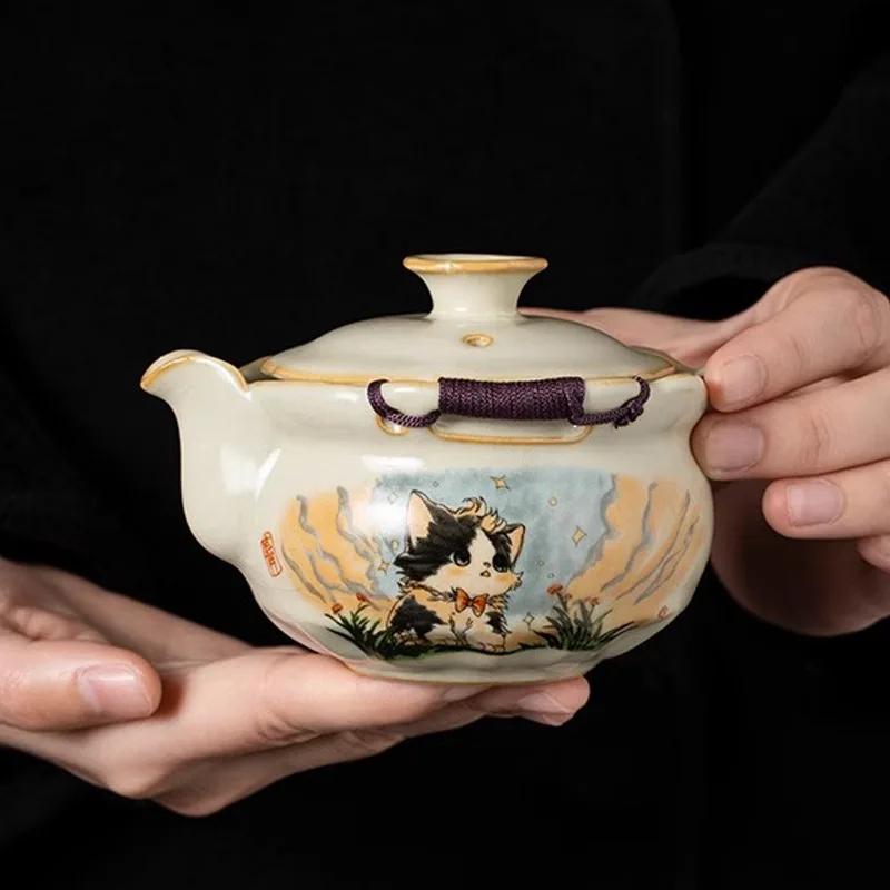 Ru Yao Süße Katze Porzellan-Teekanne Porzellan Gelb Mit Griff Teekanne Teezeremonie-Set Tee-Krawatte Guan Yin Jasmin Teegeschirr Typ
