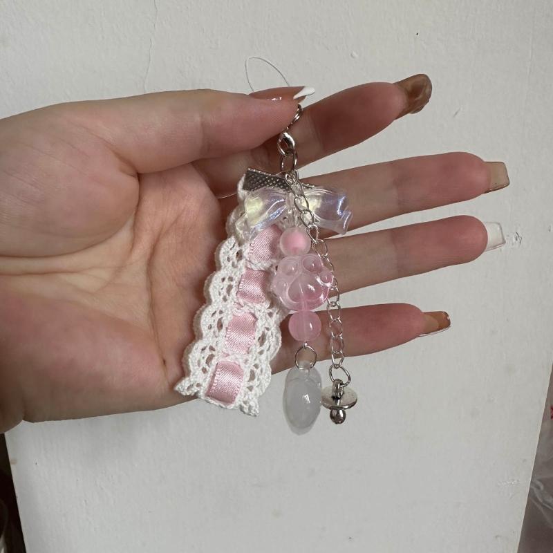 Dainty Lace Ribbon Keyring Cute Heart Pendant Keychain Colorful Beaded Phone Lanyard Multi-Functional Bags Accessories