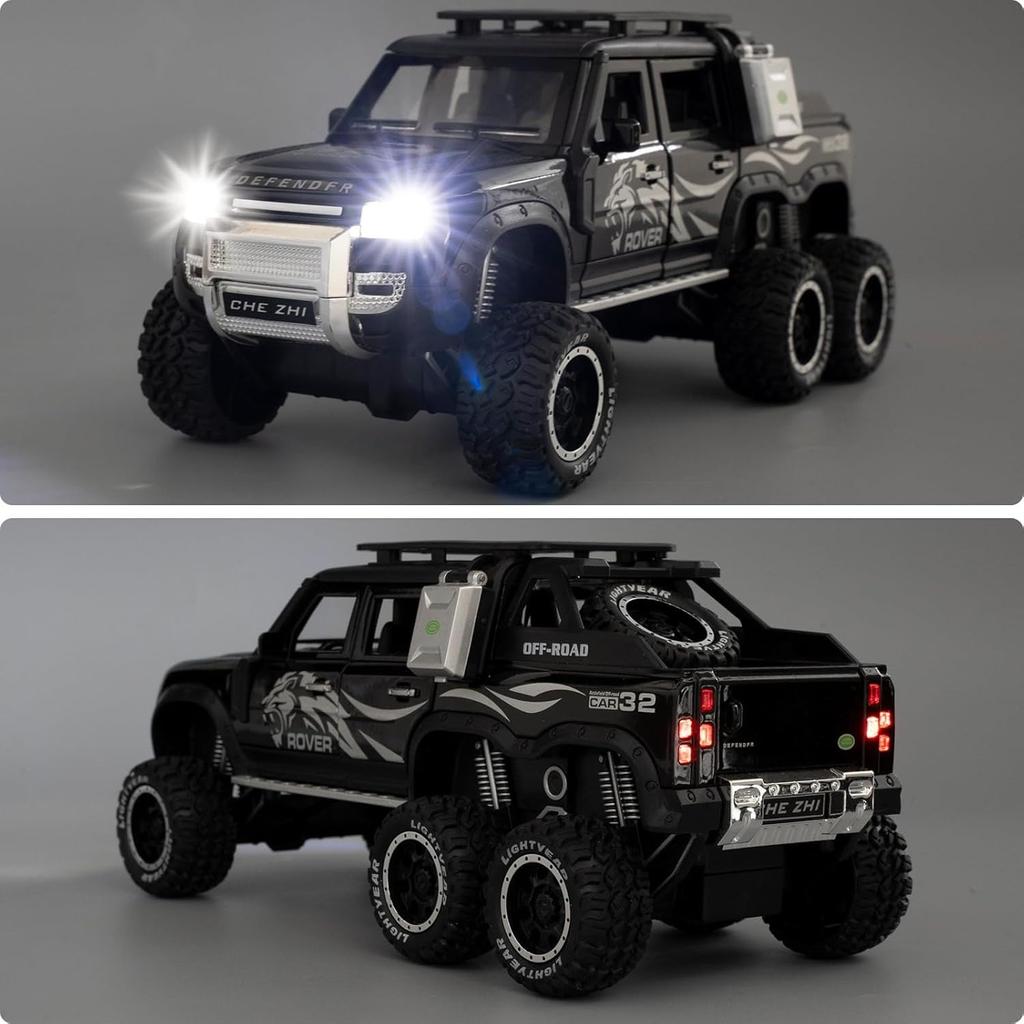 Toy Car 1/24 Land Rover Defender Six Wheels Off Road Pickup Car Model,Pull Back Diecast Truck Collectible Truck with Sounds  Lights for Kids Adults