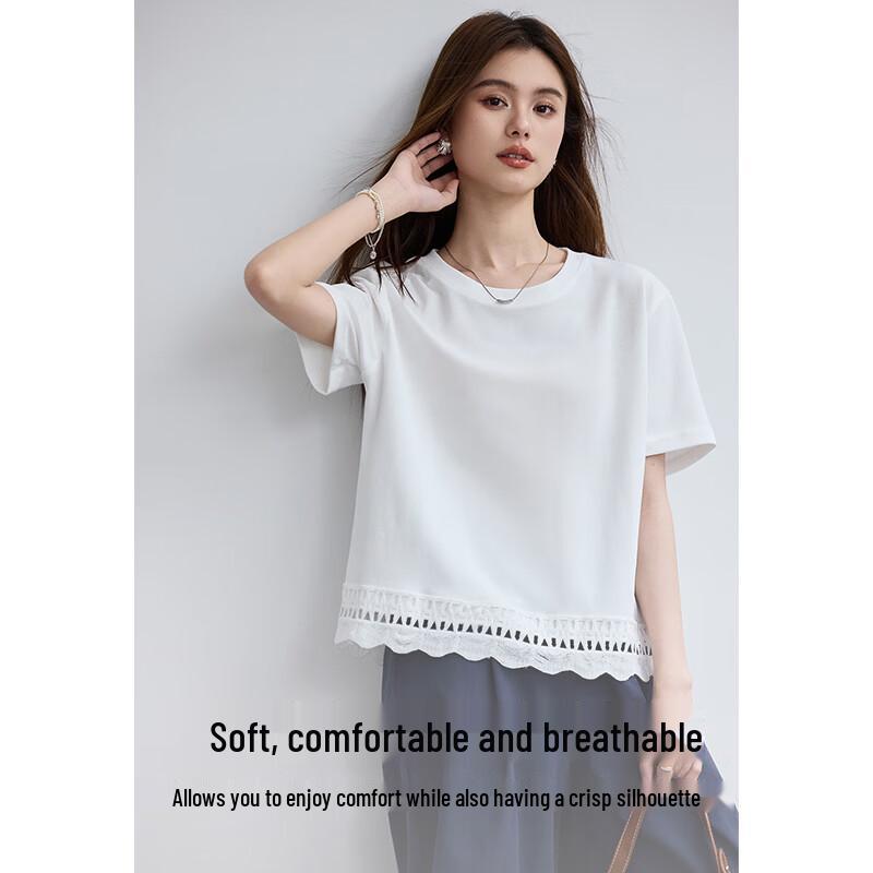 VICTORIA&VERA Women's Lace-Trim Short Sleeve T-Shirt