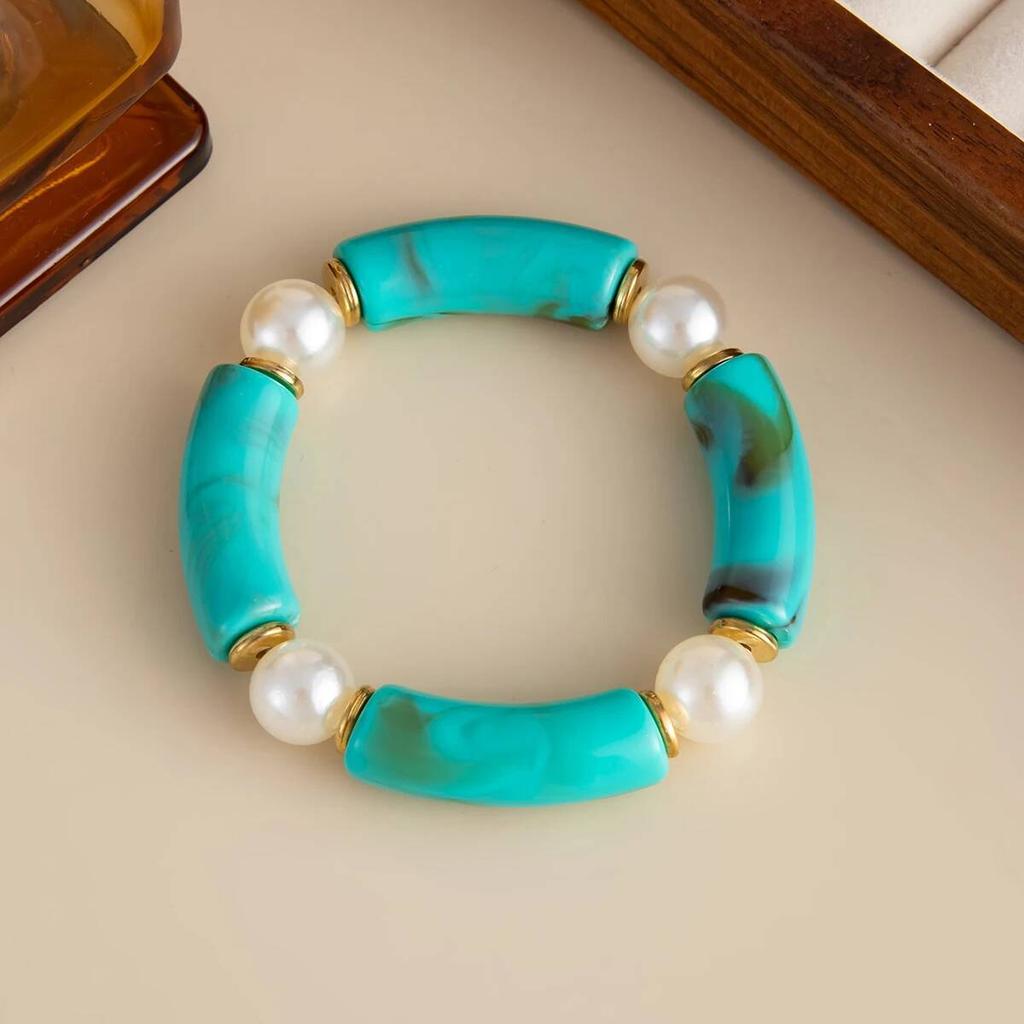 Salircon 7 Colors Vintage Imitation Pearl Elastic Rope Bangles Women Boho Exaggerated Geometric Acrylic Resin Bracelets Jewelry