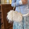 Furry Crossbody Bag with Pearl Handle Fashion Chain Plush Shoulder Bags for Women Soft Faux Fur Evening Party Purse