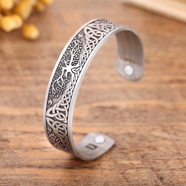 Viking Talisman Health Bracelets Tree Of Life Luck Knot Runes Trinity Magnetic Cuff Bangles Women Men Adjustable Bracelet