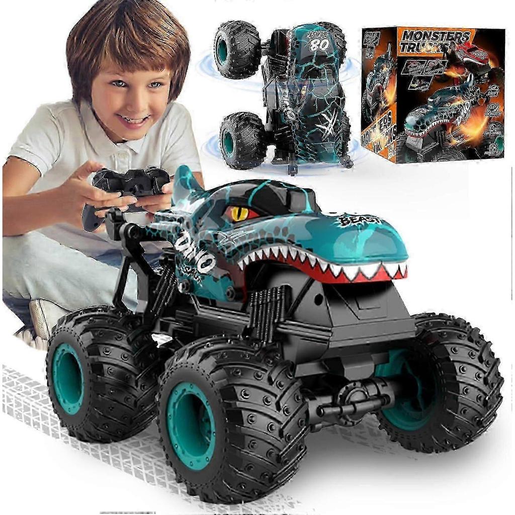 SBSG 2.4Ghz RC Monster Truck Toys for Boys, 1:20 Dinosaur Remote Control Car with Lights & Music, Stunt 360 Spin Walk Truck