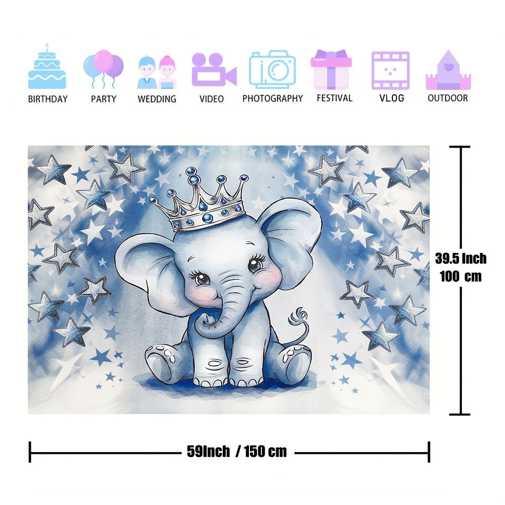 2D graphic design 1 piece. Party photography backdrop with blue silver glittered dot elephant background fabric.