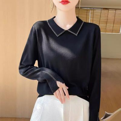 New Spring and Autumn Worsted Knitted Sweater Women's Doll Collar Diamond Loose and Skinny Pullover Bottom Shirt