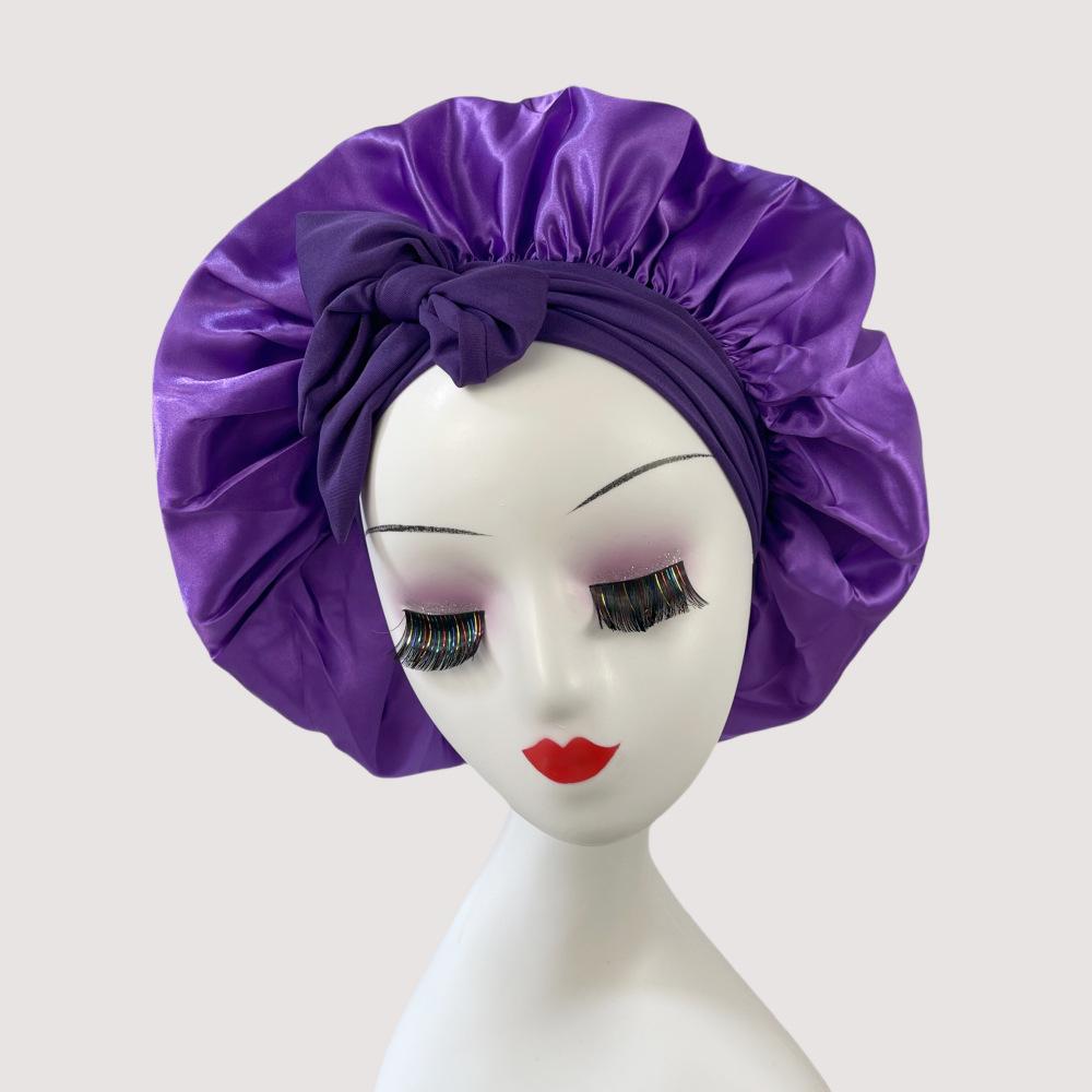 Silk Satin Sleep Cap with Ribbon Bow for Women - Elastic Wide Brim Bath Headscarf Hat for Hair Care