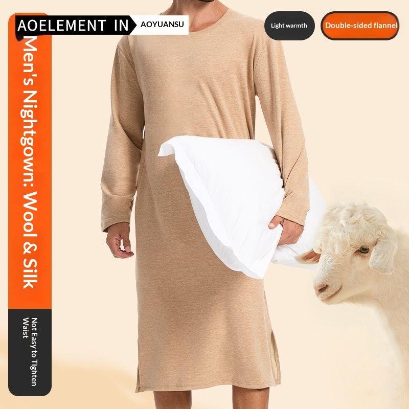 Vestaglia Lunga da Notte da Uomo a Maniche Lunghe al Ginocchio - Robe Lunga in Pile Spazzolato Double-Face, Homewear All-in-One con Miscela di Lana e Seta