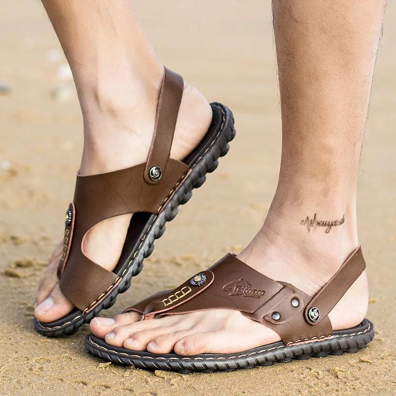 Fashion Big Size 47 Men Leather Sandals Summer Classic Men Shoes Slippers Soft Sandals Men Roman Comfortable Outdoor Walking Footwear