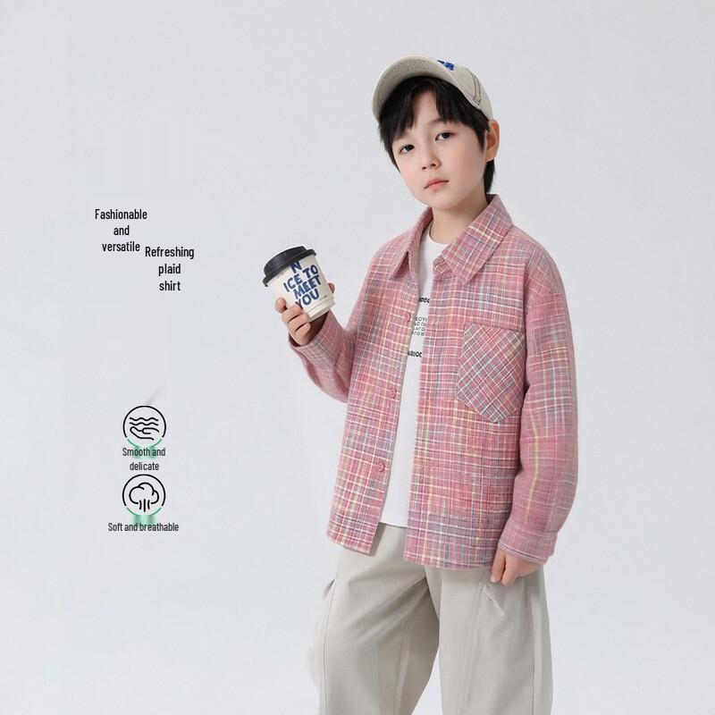 Детская розовая клетчатая рубашка с длинным рукавом 160