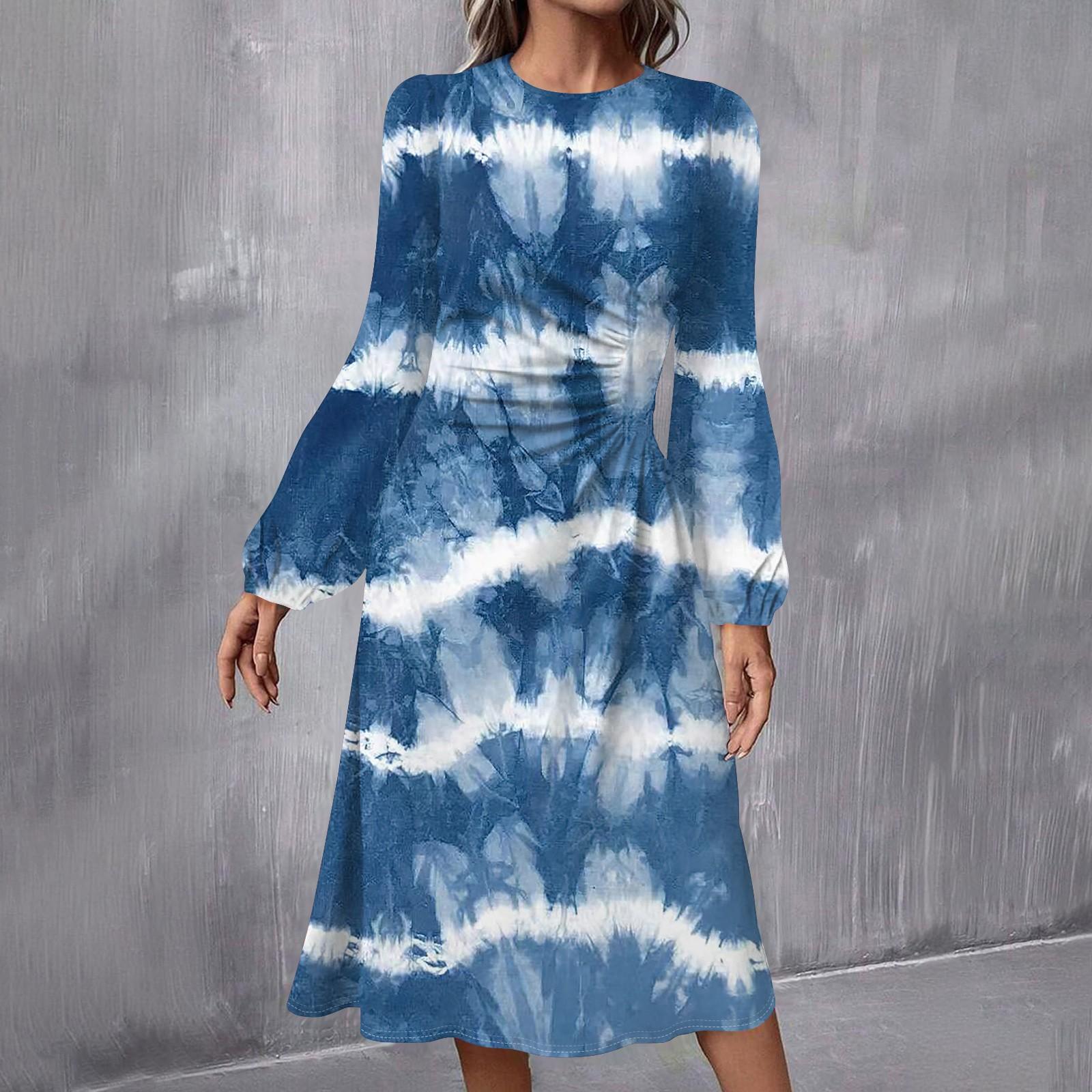 

Женское модное повседневное платье миди с круглым вырезом и длинными рукавами XL