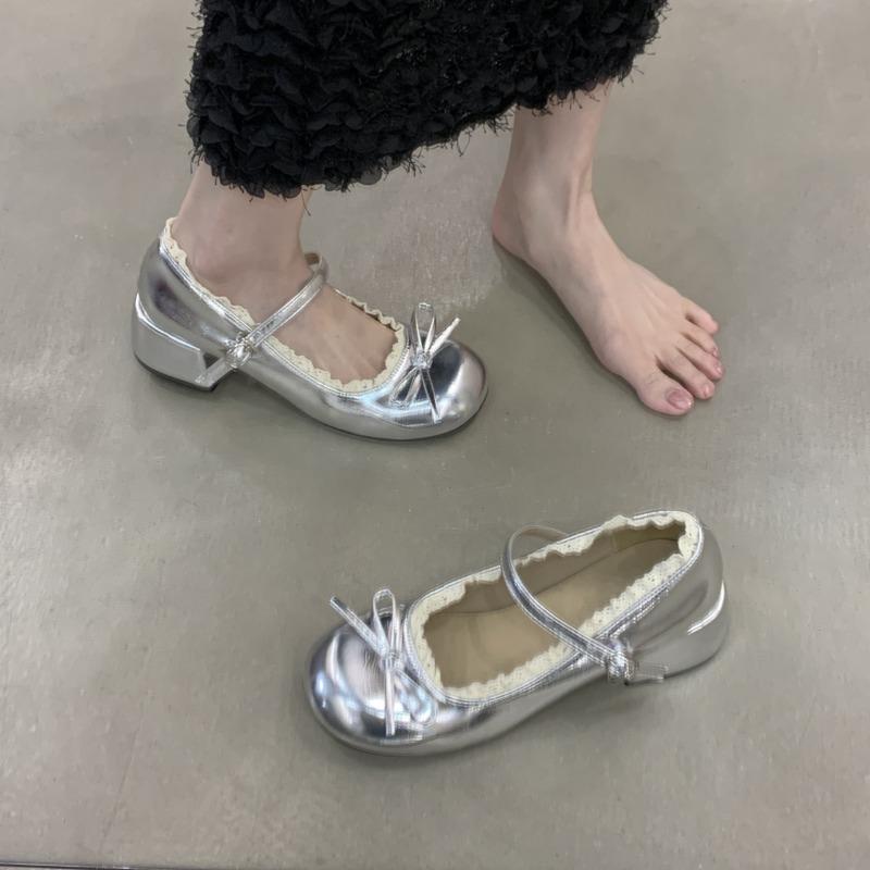 

2025 New Spring Autumn Women Mary Jane Shoes Fashion Butterfly-knot Dress Shoes Ladies Concise Outdoor Thick Heel Leather Shoes 40 серебряный