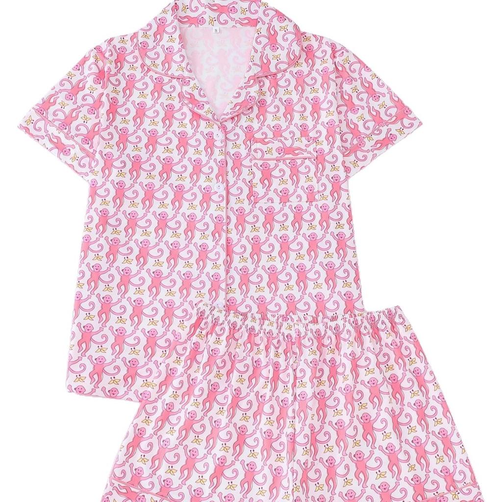 New Women's Pajamas Printed Lapel Collar Short-sleeved Shorts European and American Loungewear Cardigan Loose and Comfortable