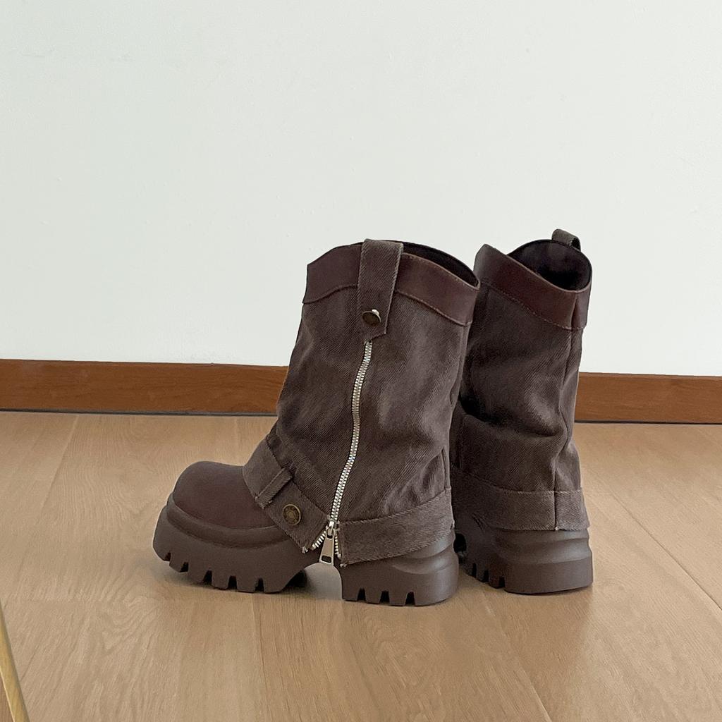 Queen Fan Brown British Style Platform Martin Boots Women's 2025 New Autumn Slimming and Heightening Pants Short Boots