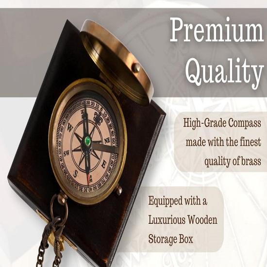 Not All Those Who Wander Are Lost Brass Gift Embossed Compass with Wood Case, Graduation Day Baptism Communion Confirmation Day Motivational Compass