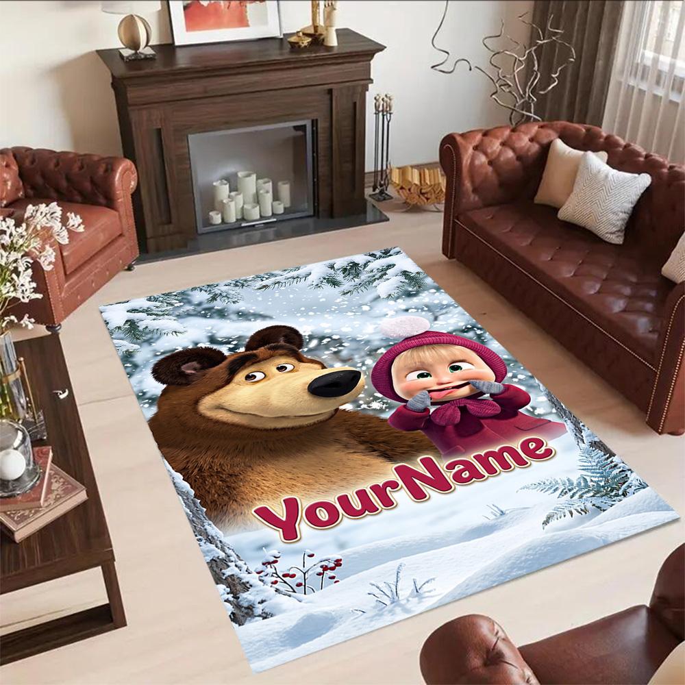 Masha Bear Customize Text Floor Mat Perfect for Dormitory Balcony Game Room Dining Room Anti-slip Rug Anime Office Decor
