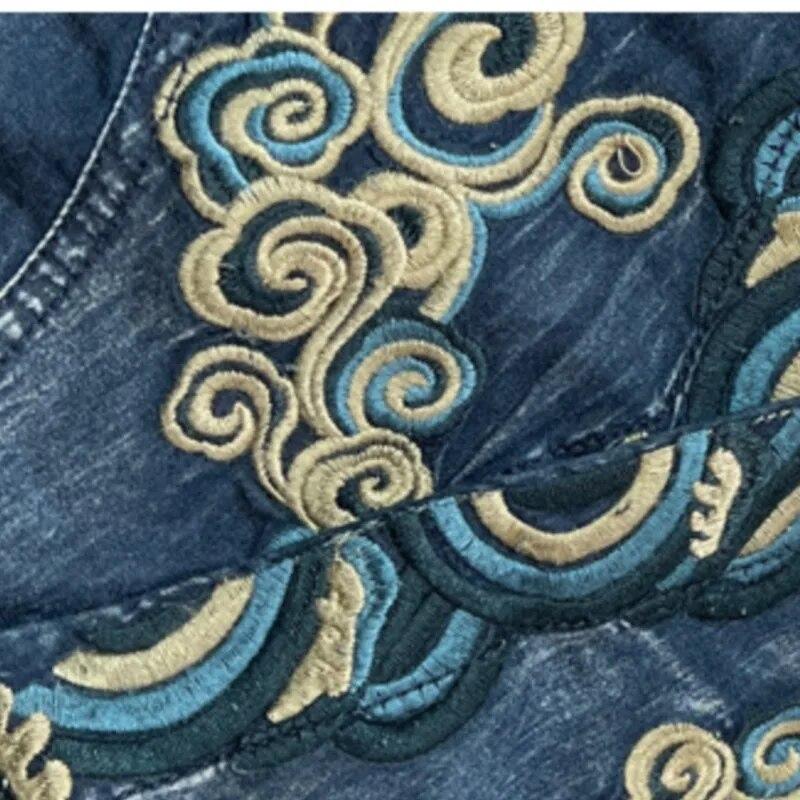 Johnature Vintage Chinesischen Stil Stickerei Baumwolle Einreiher Kleid Frau Frühling V-Ausschnitt Lange Ärmel A-Linie Kleid