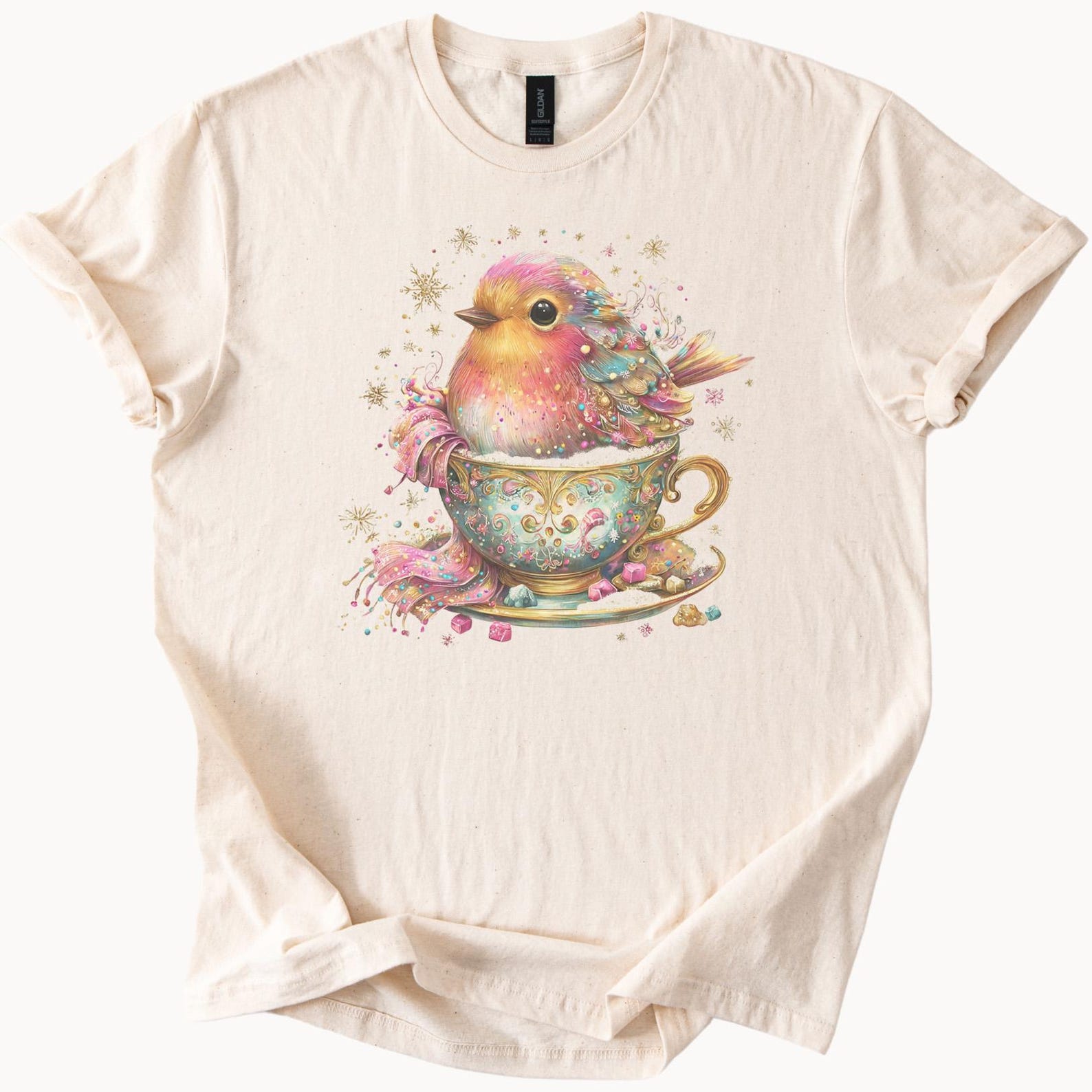 Colorful Bird in Teacup Graphic T Shirt Cute Watercolor Pastel Bird Shirt Whimsical Tea Lover Art Animal Print Soft Cotton Tee Gift 130